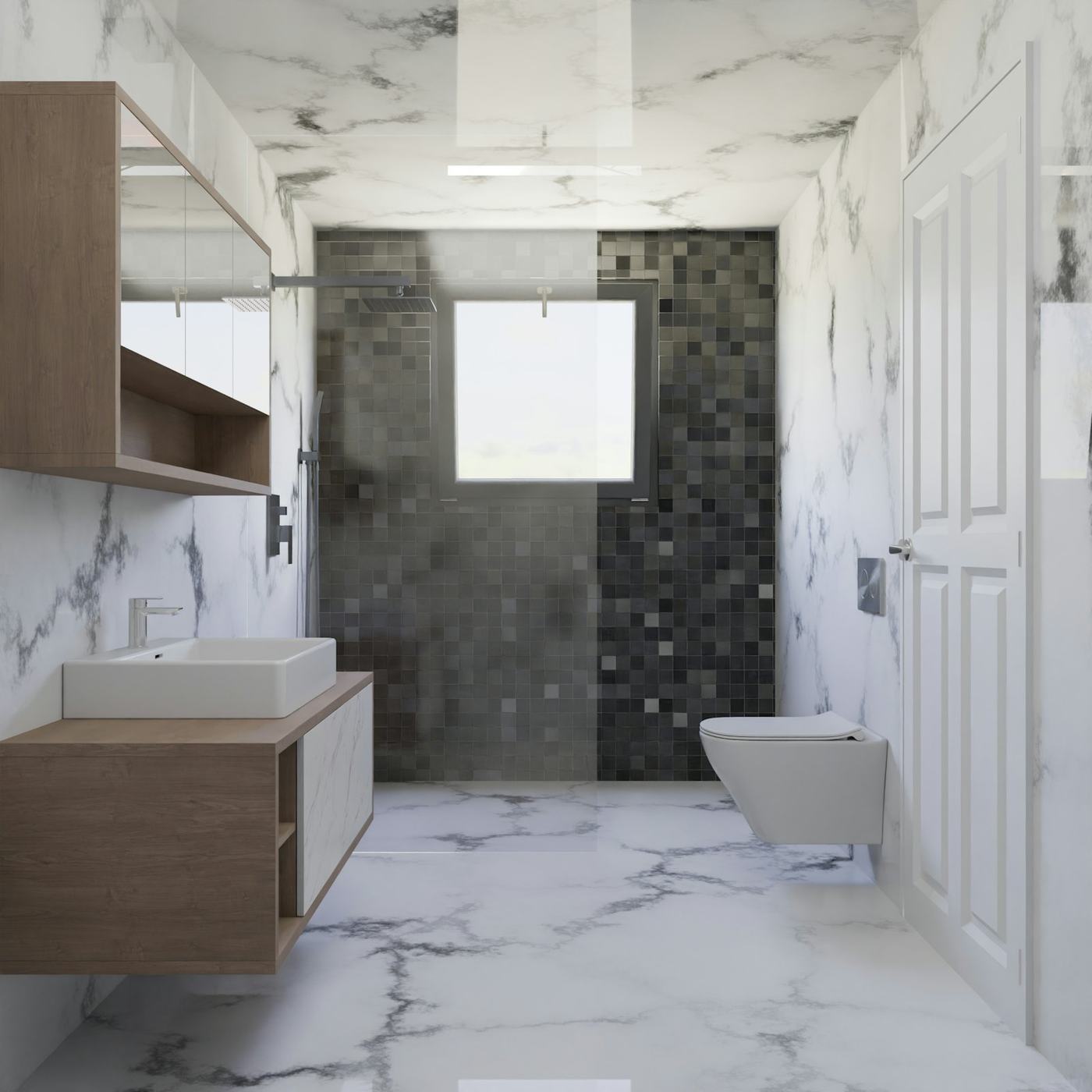 Remodeled bathroom with marble-look tile