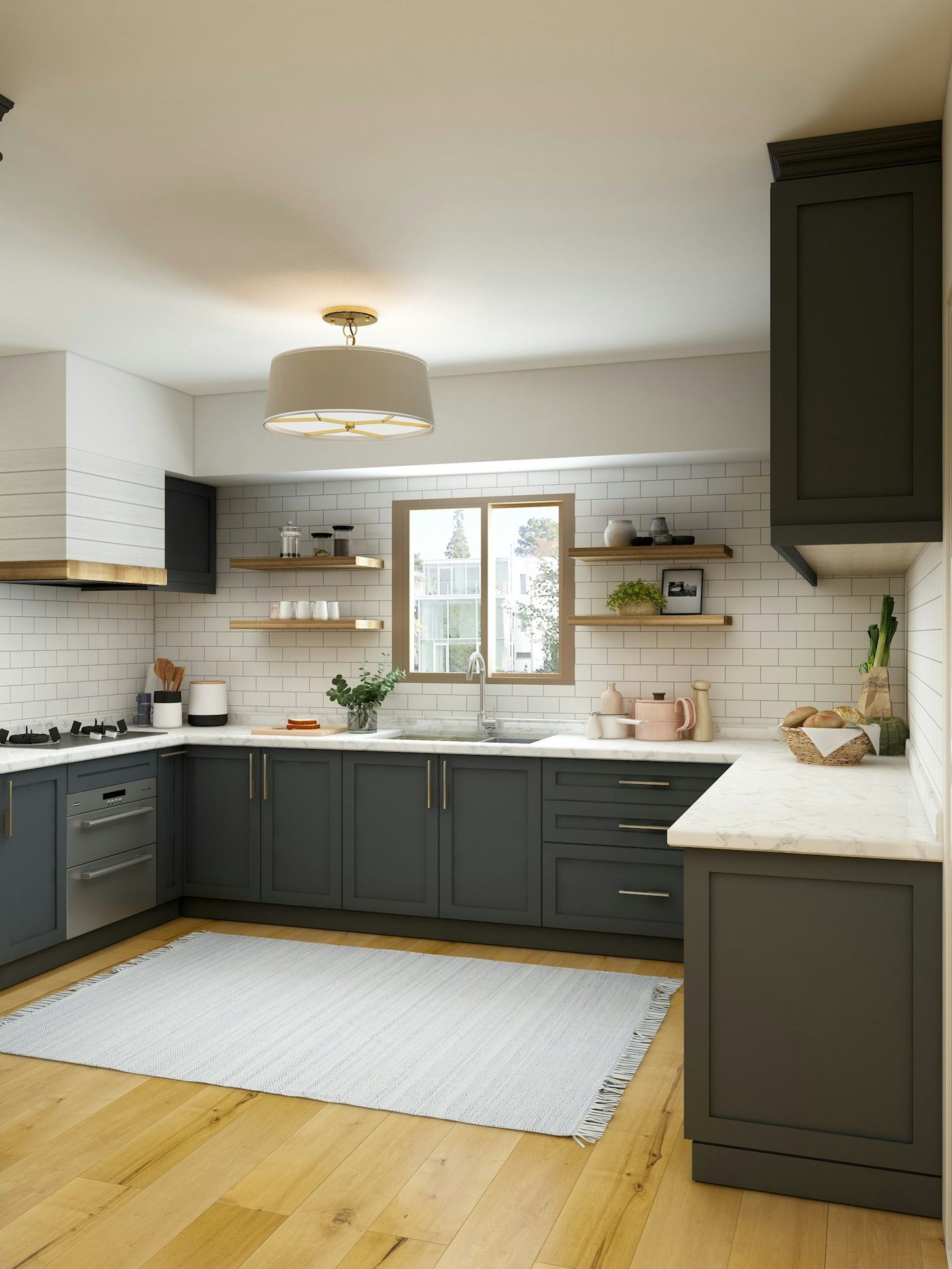 Kitchen with dark lower cabinets