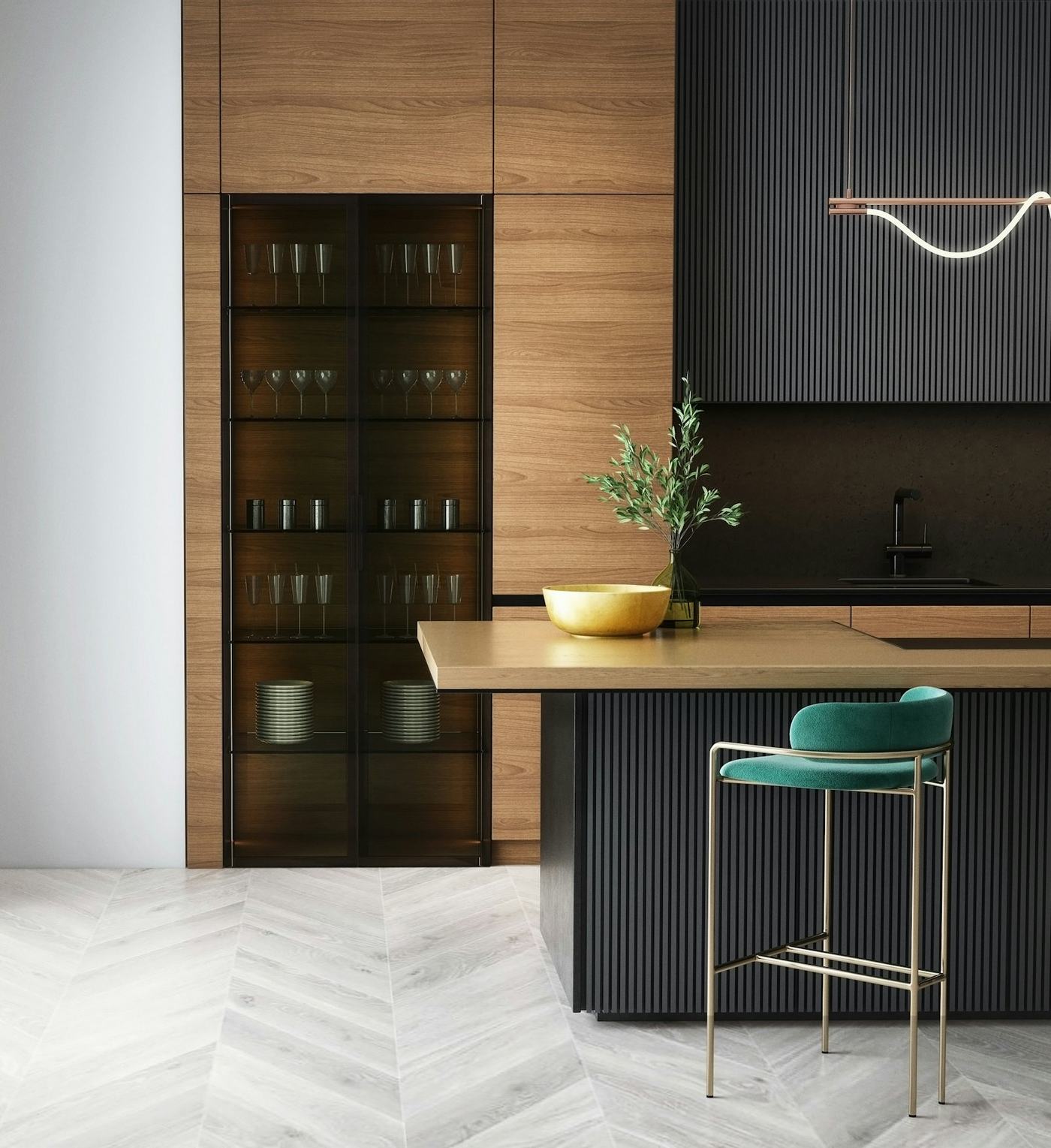 Kitchen with wood and dark cabinets
